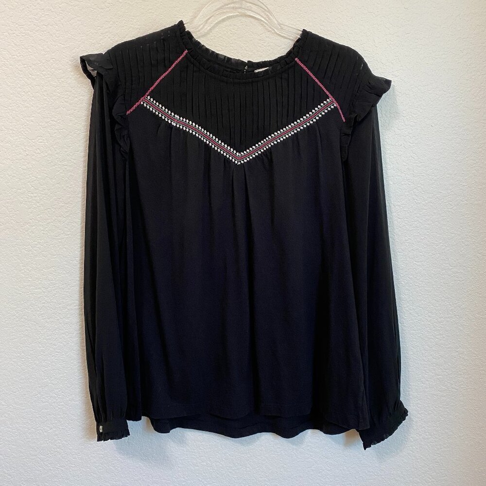 Fat Face Black Mesh Long Sleeve Ruffle Shoulder Embroidered Blouse